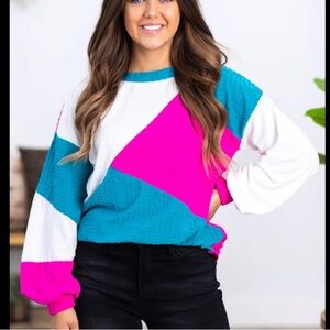 BiBi Teal Pink Colorblock textured geometric velour/terrycloth Top shirt Large